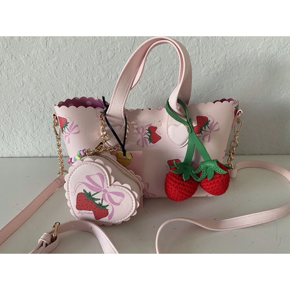 Juicy Couture Sweet Strawberry Mini Tote W/ Coin Pouch & Crocheted Cherry Charms